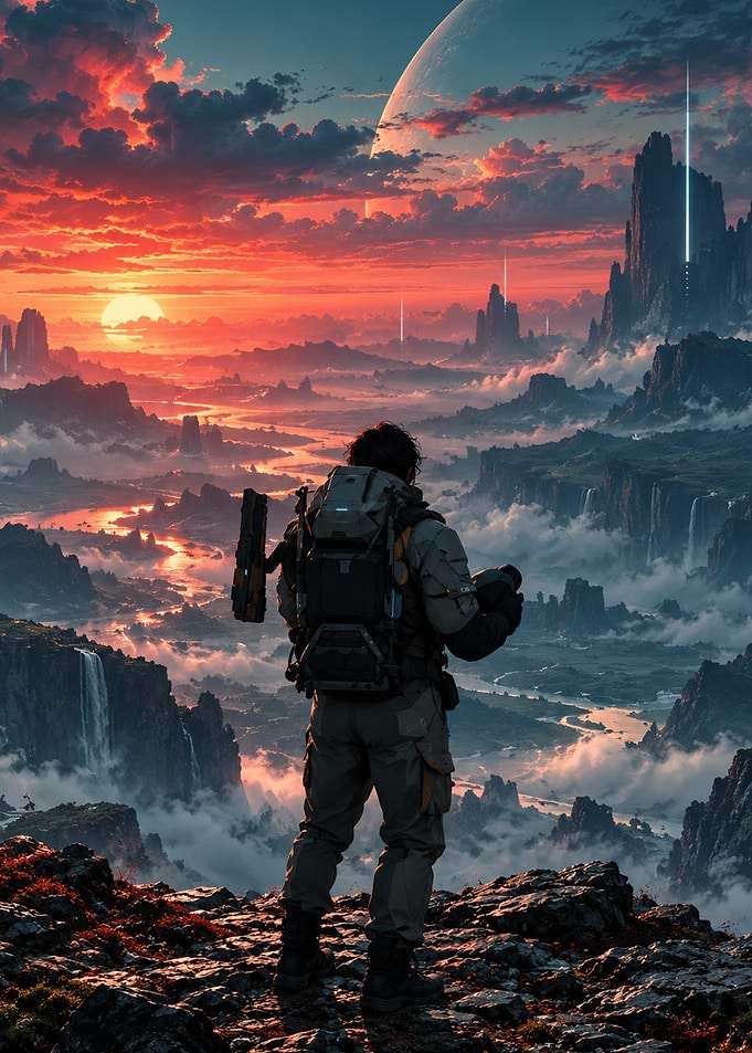 Explorer overlooking a futuristic alien landscape