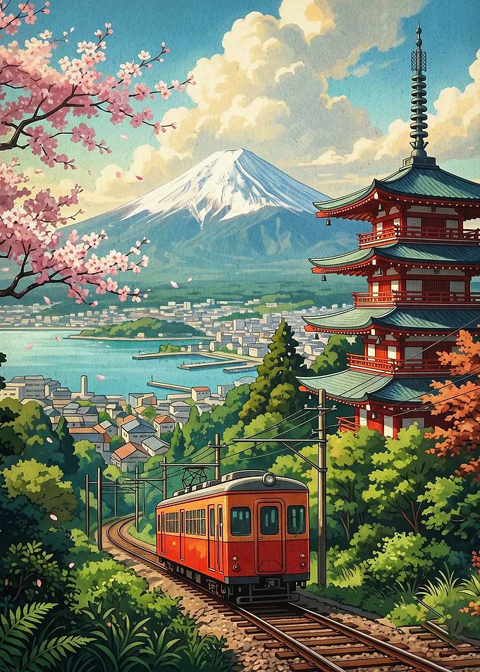 Japan Train Mount Fuji Retro Art