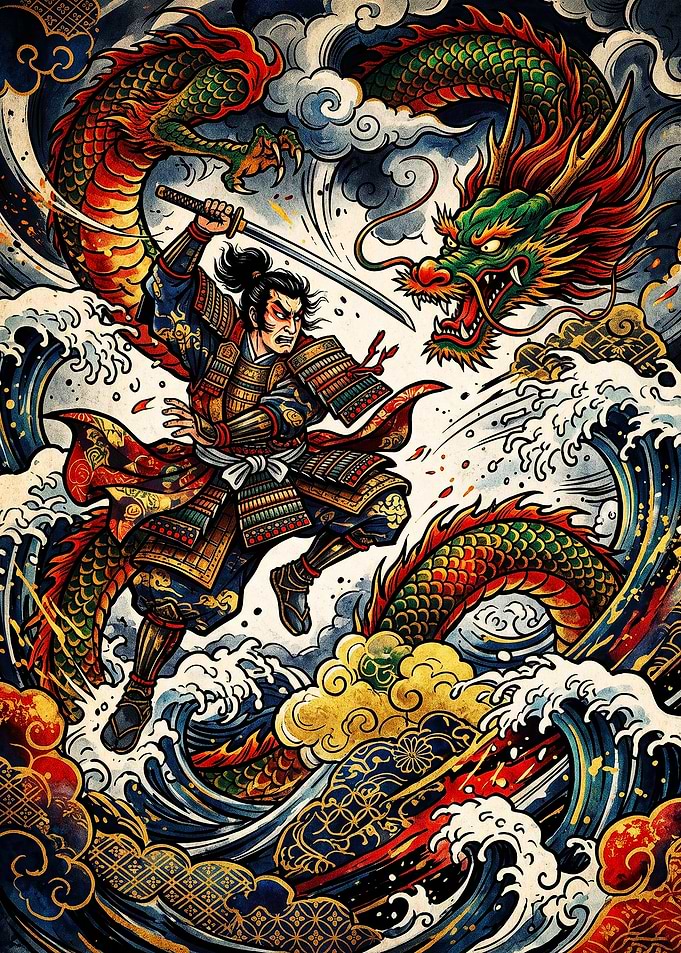Samurai Warrior Battling a Dragon