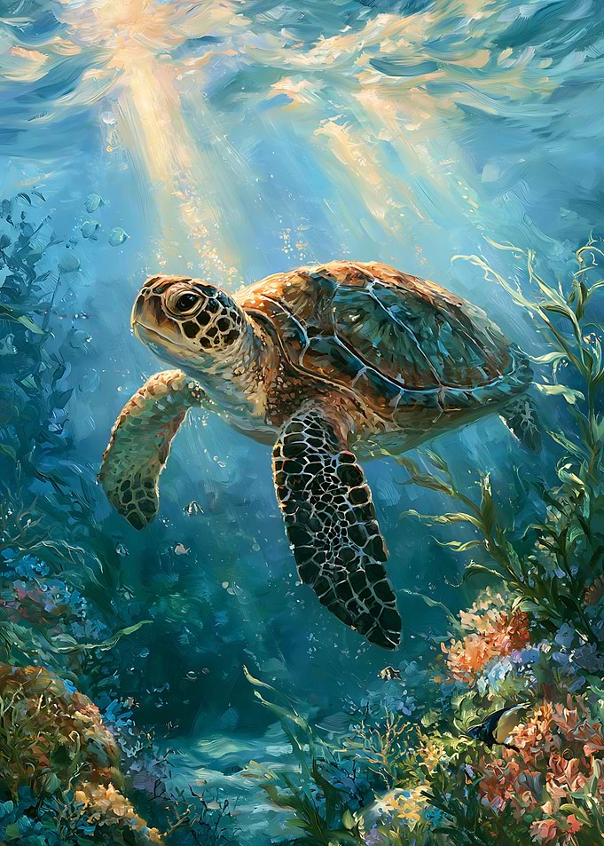 Sea Turtle Swimming in Sunlit Ocean
