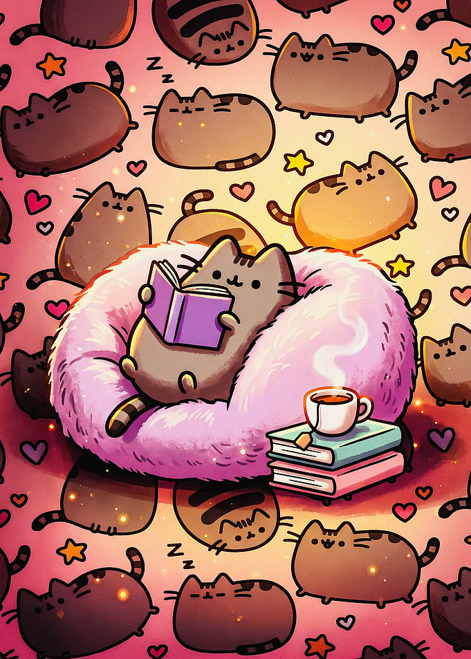 Pusheen Cat Reading in Cozy Bed