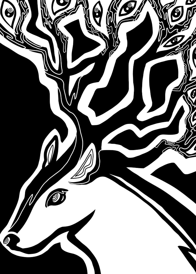 Surreal Black and White Deer Illustration