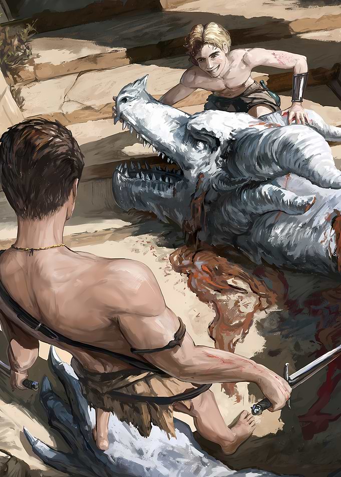 Two Warriors Defeating a Dragon