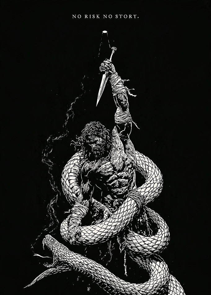 Warrior Fighting Serpent Black and White