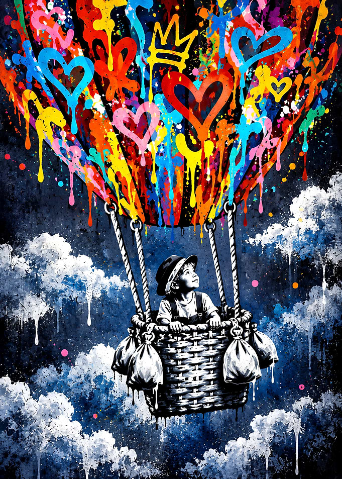 Child in Colorful Graffiti Hot Air Balloon