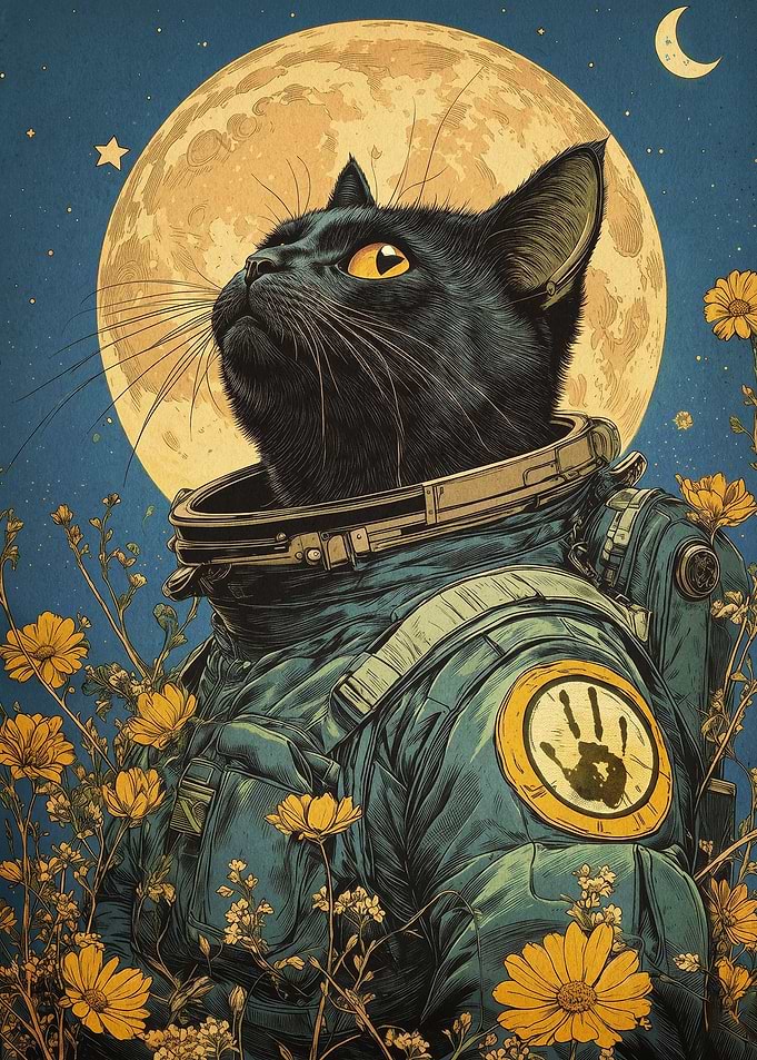 Cat Astronaut Moon Flower Art