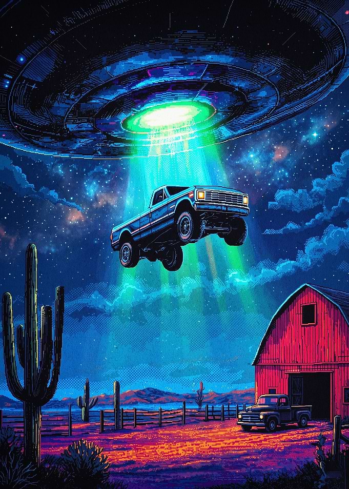 UFO Pickup Truck Retro Space Art