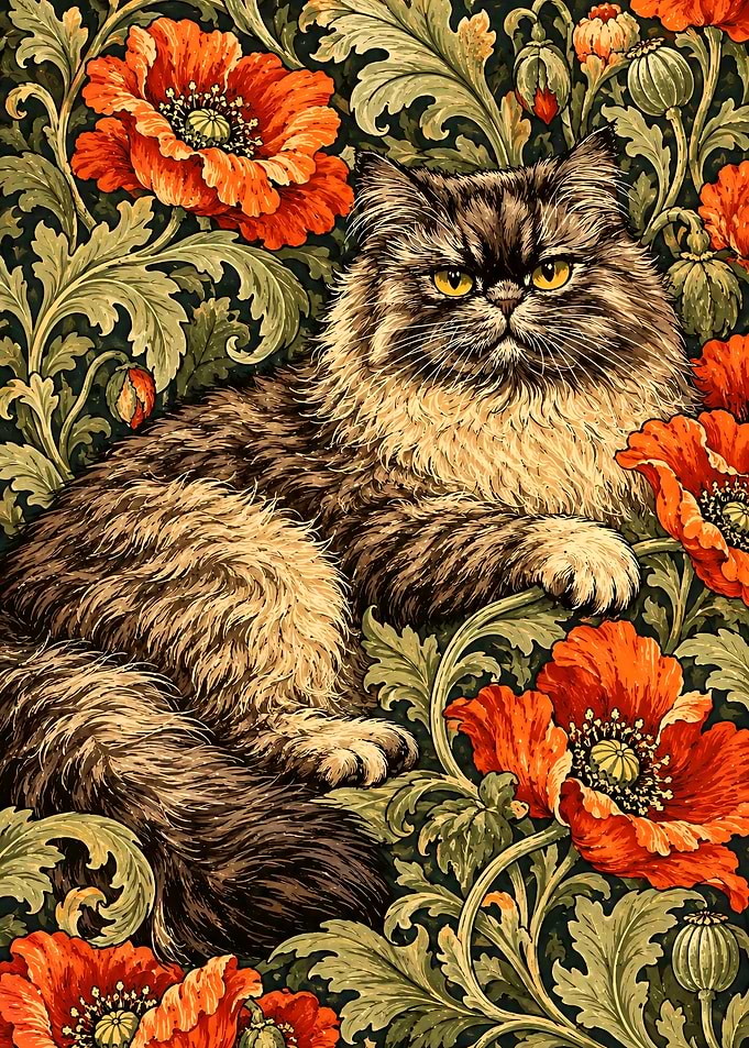 Fluffy Cat Amidst Vibrant Poppies