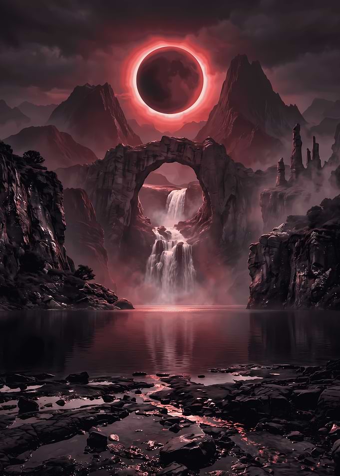 Ethereal Red Eclipse Waterfall Landscape