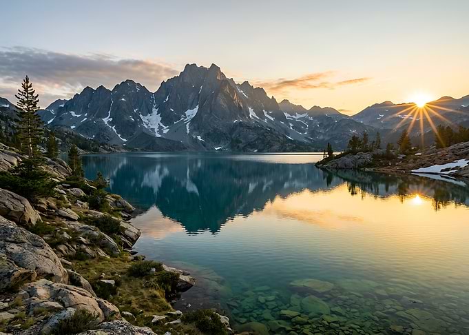 Sunrise Over Alpine Mountain Lake Nature