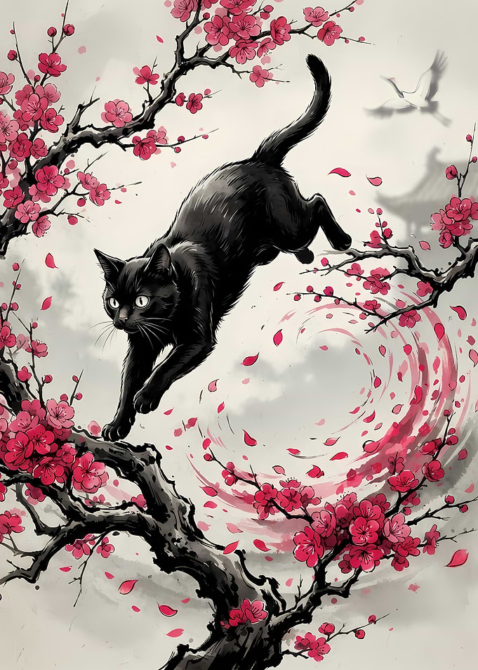 Black Cat Leaping Through Cherry Blossoms