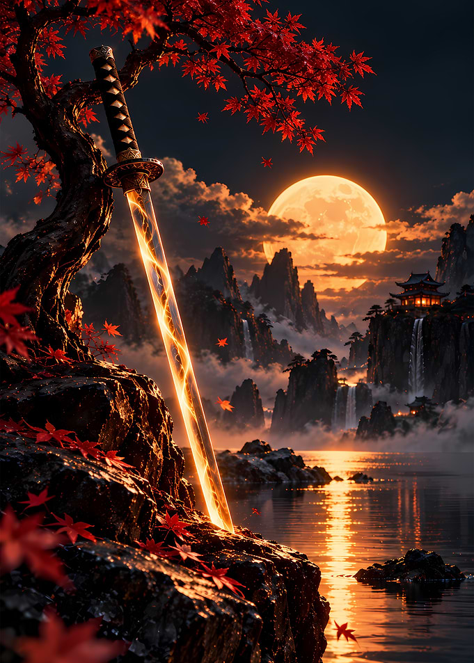 Glowing Katana Under Maple Tree