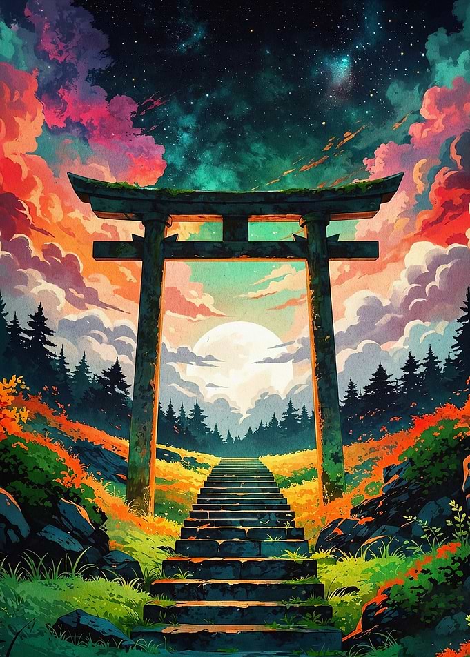 Torii Gate Japan Starry Night Art