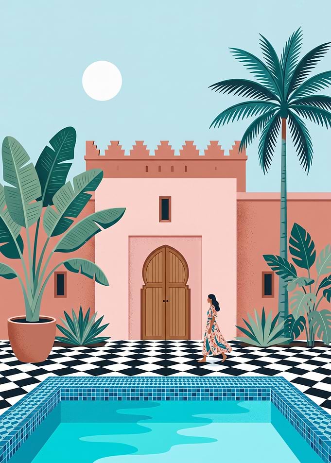 Woman Walking by Moroccan Poolside