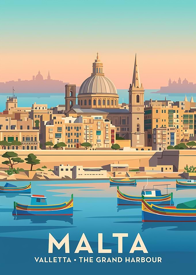 Malta Valletta Grand Harbour Travel Poster