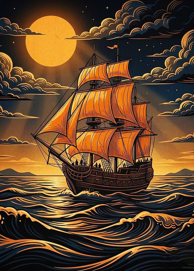 Pirate Ship Ocean Moon Retro Poster