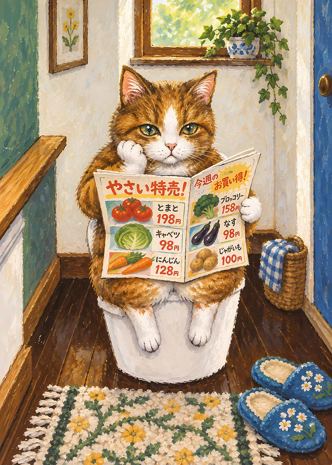 Cat Reading Grocery Flyer on Toilet