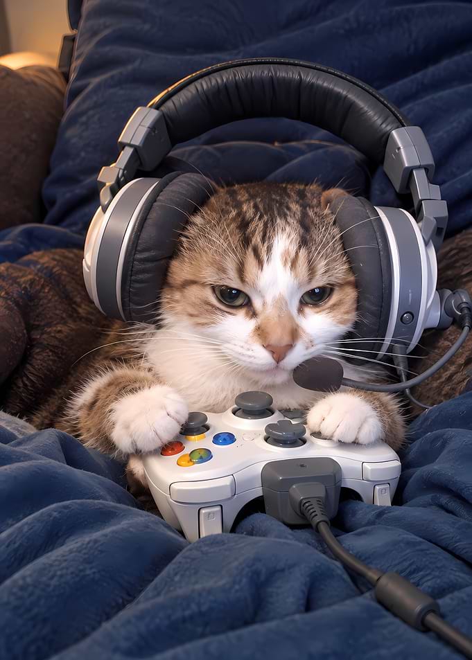Gamer Cat Wearing Headset with Controller