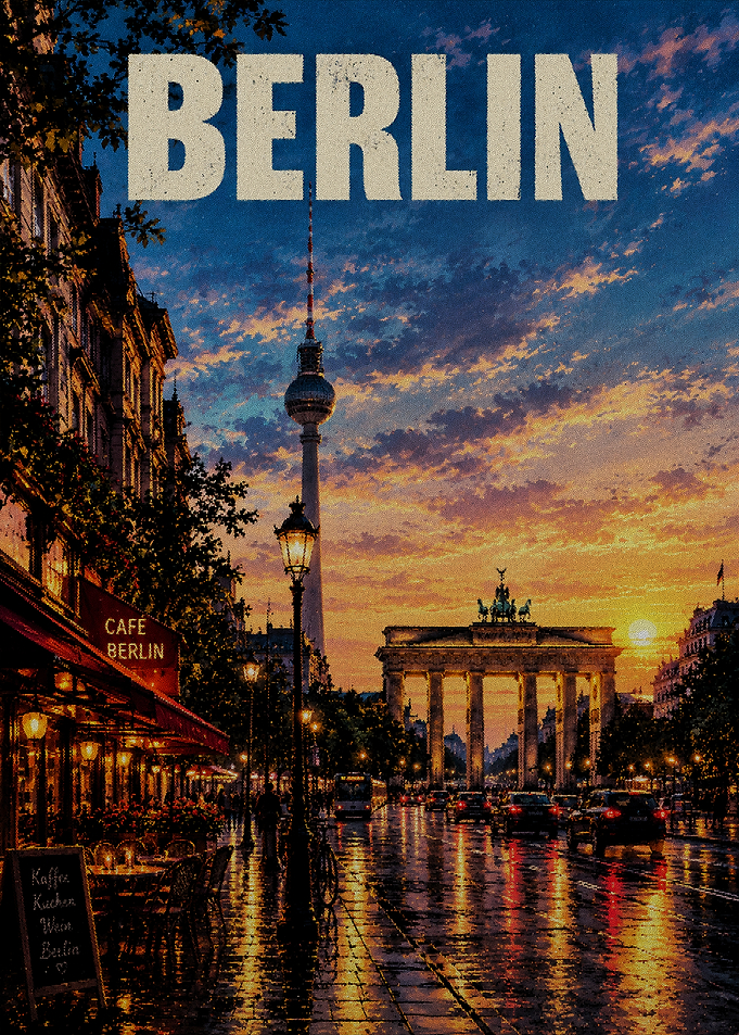 Berlin Cityscape Sunset Travel Poster