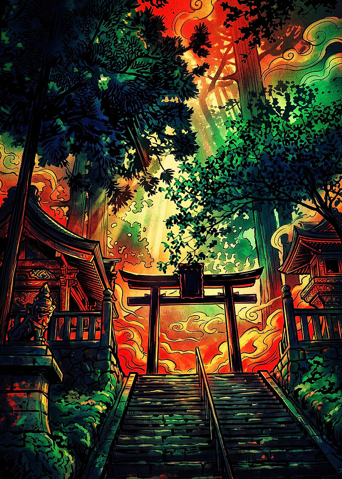 Vibrant Japanese Shrine Forest Path