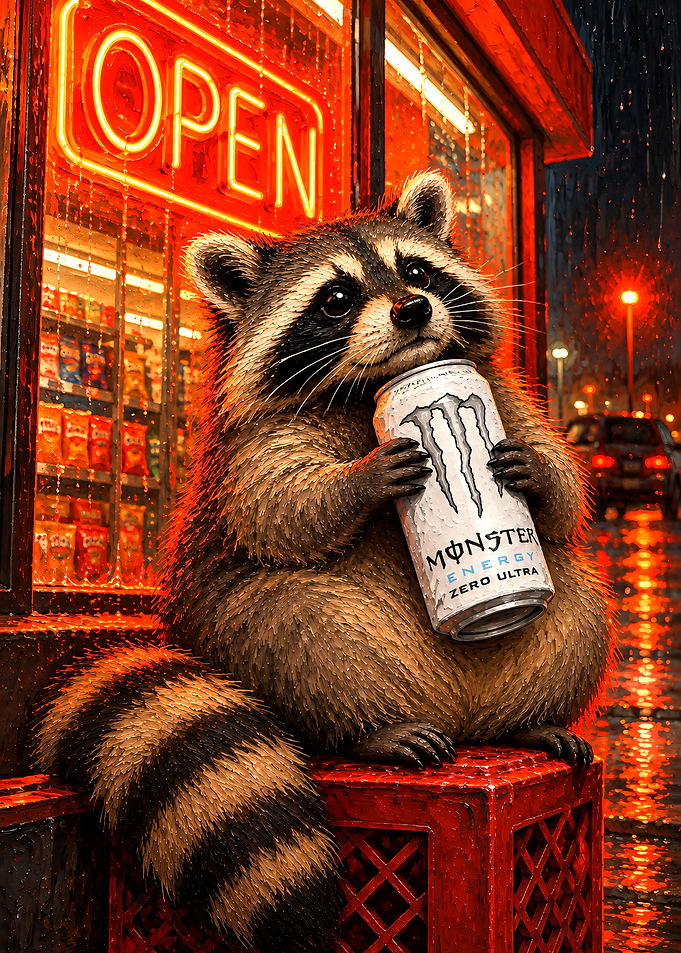 Raccoon Drinking Monster Energy Drink