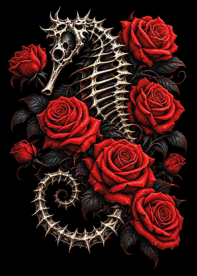 Gothic Seahorse and Red Roses