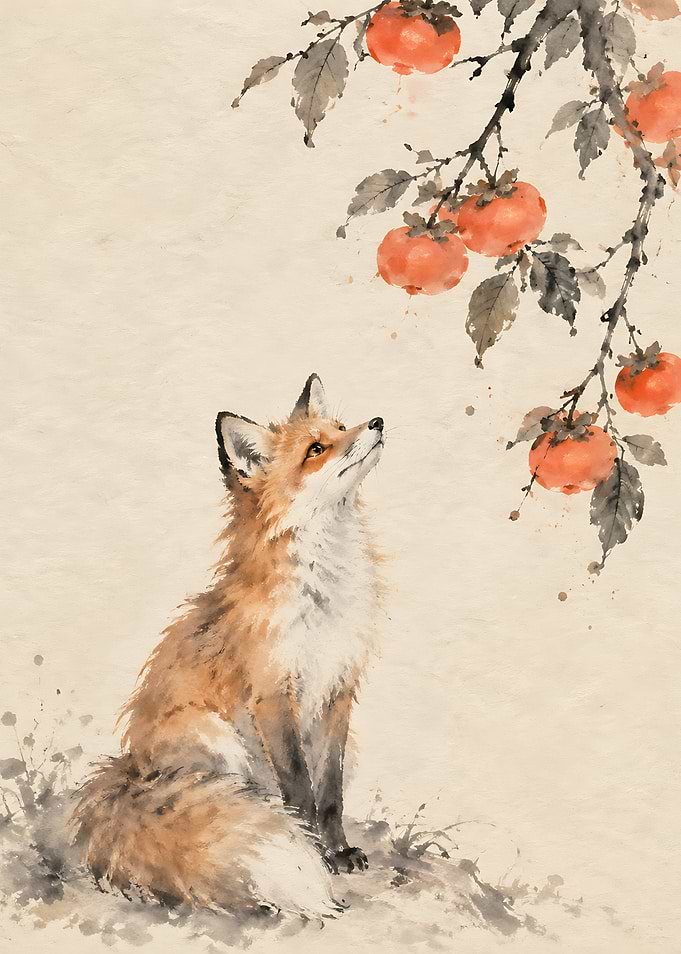 Watercolor Fox Gazing at Persimmons