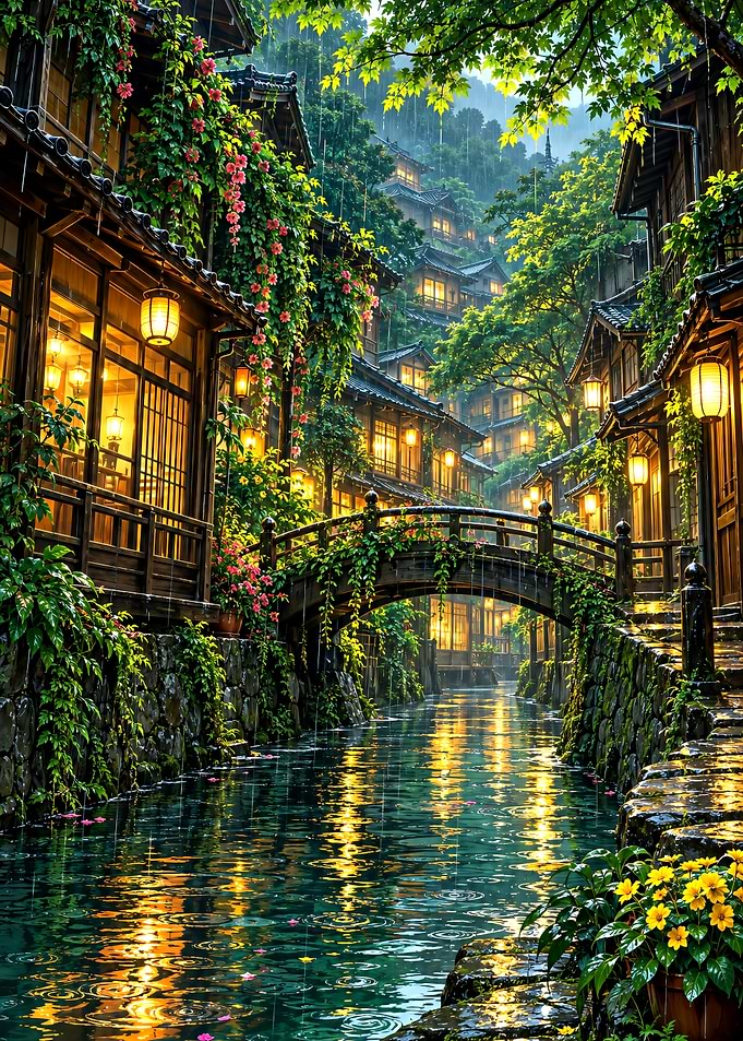 Rainy Japanese Village Canal Scene