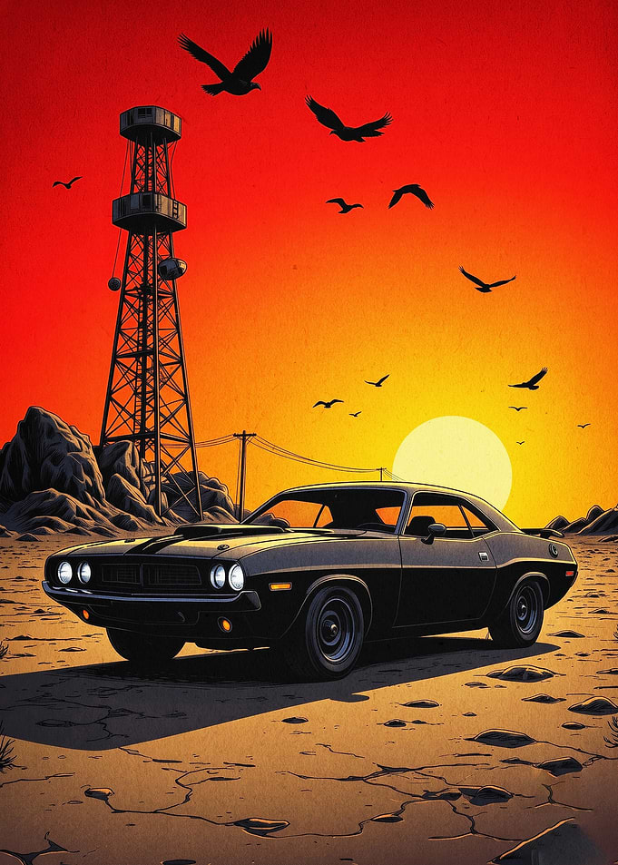 Muscle Car Sunset Desert Poster