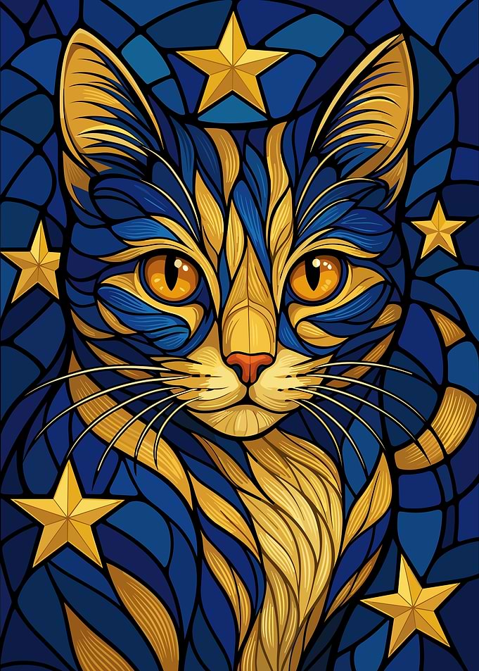 Stained Glass Cat with Stars