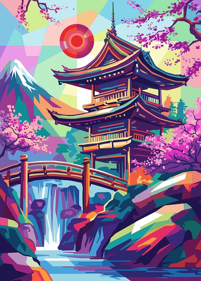 Colorful Pop Art Japanese Temple Landscape