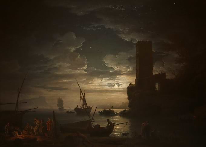 Coastal Harbor Scene by Moonlight