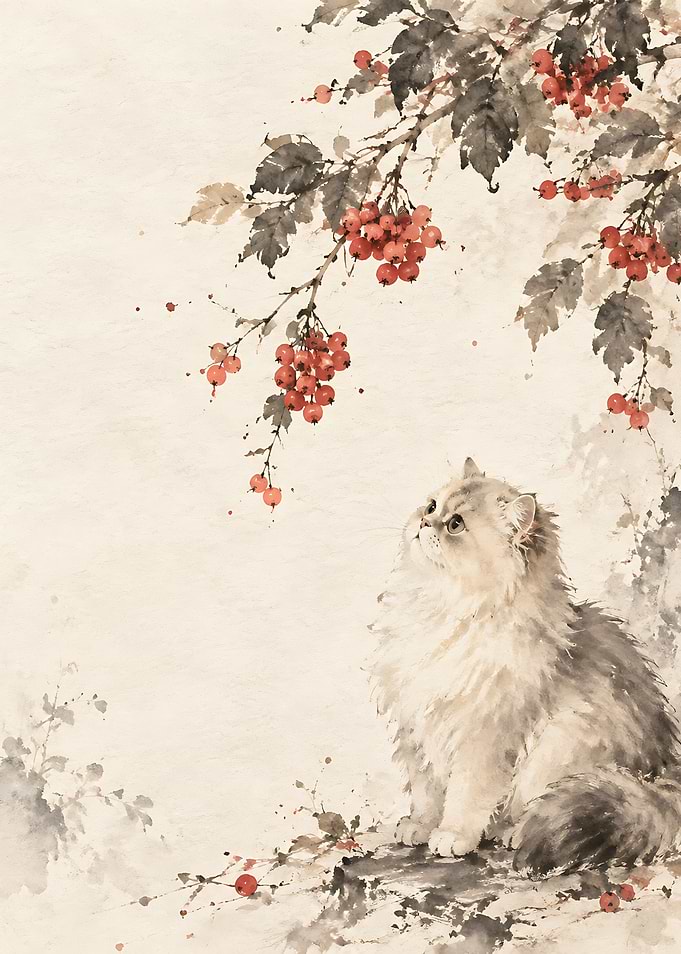 Fluffy Cat Under Red Berries