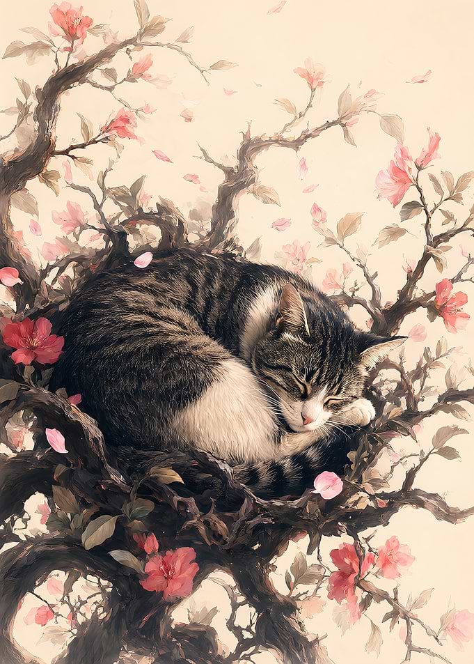 Tabby Cat Sleeping in Cherry Blossoms