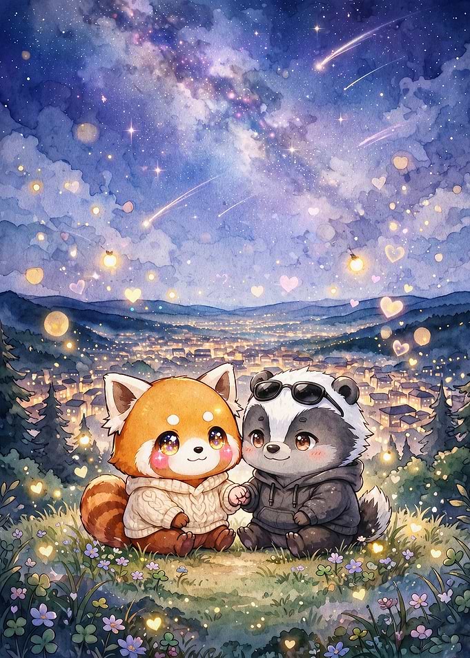 Red Panda Skunk Starry Night Poster