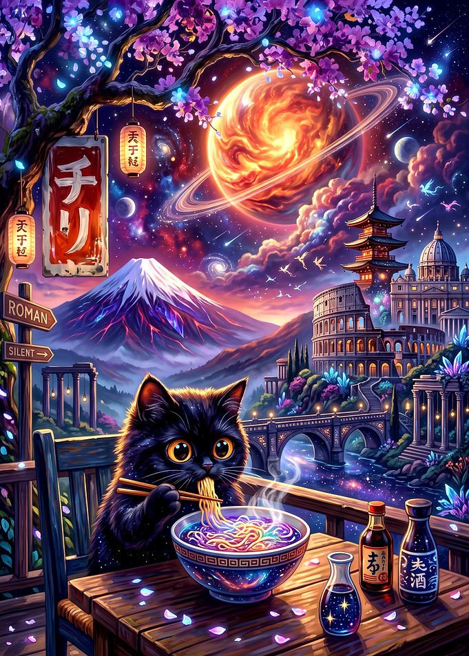 Black Cat Eating Ramen Under Galaxy
