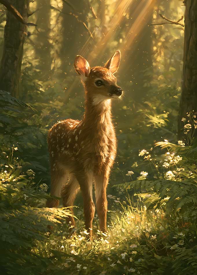 Fawn in a Sunlit Forest