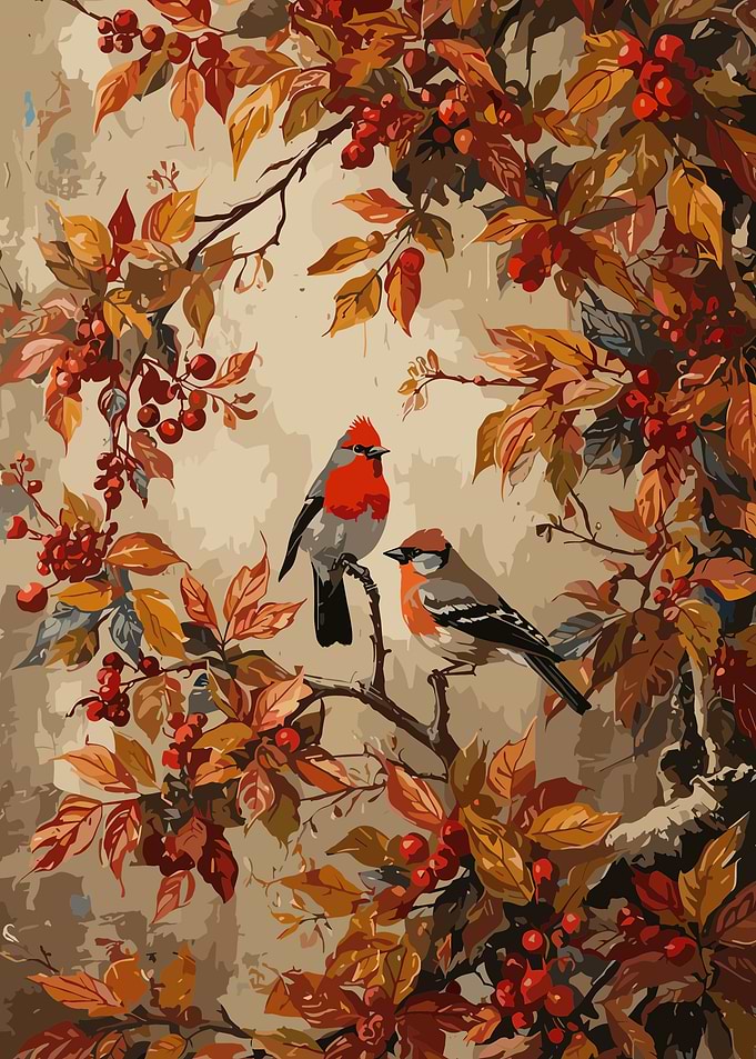 Two Birds Perched in Autumn Foliage