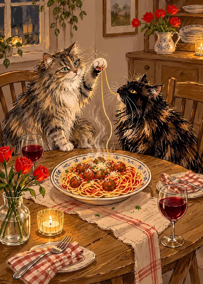 Two Cats Sharing Spaghetti Dinner