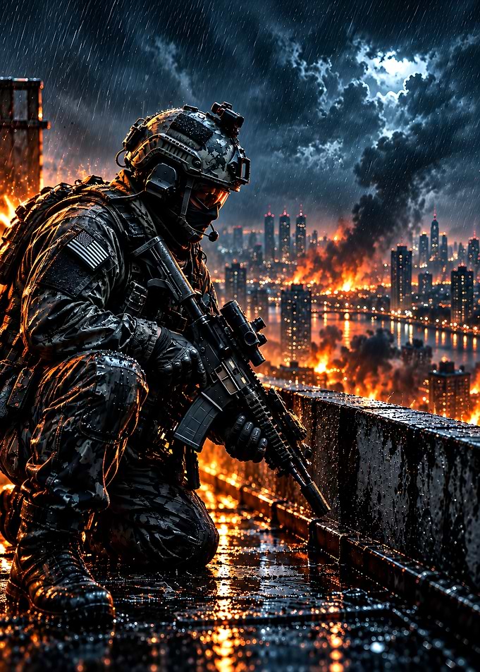 Soldier Kneeling Overlooking Burning City