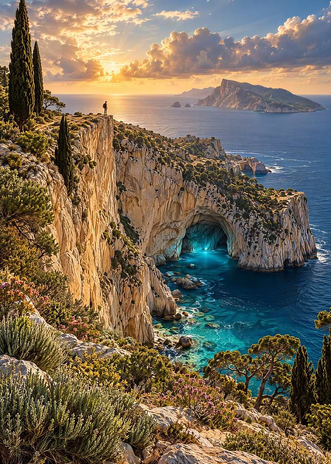 Hiker overlooking a Mediterranean coastal cave