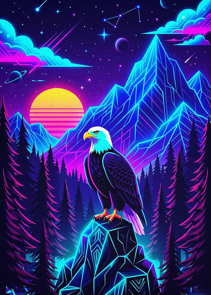 Eagle Neon Synthwave Mountain Art