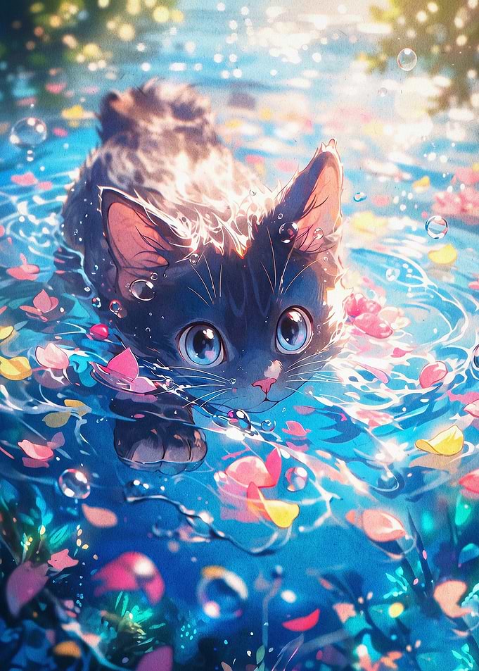 Swimming Cat Cute Anime Fantasy Art