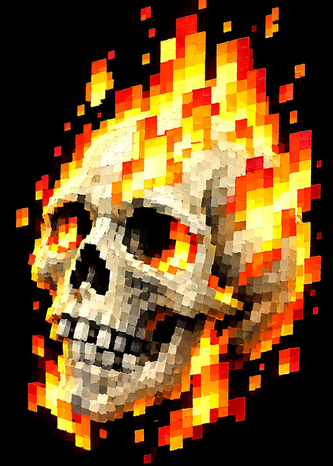 Pixelated Flaming Skull Digital Art