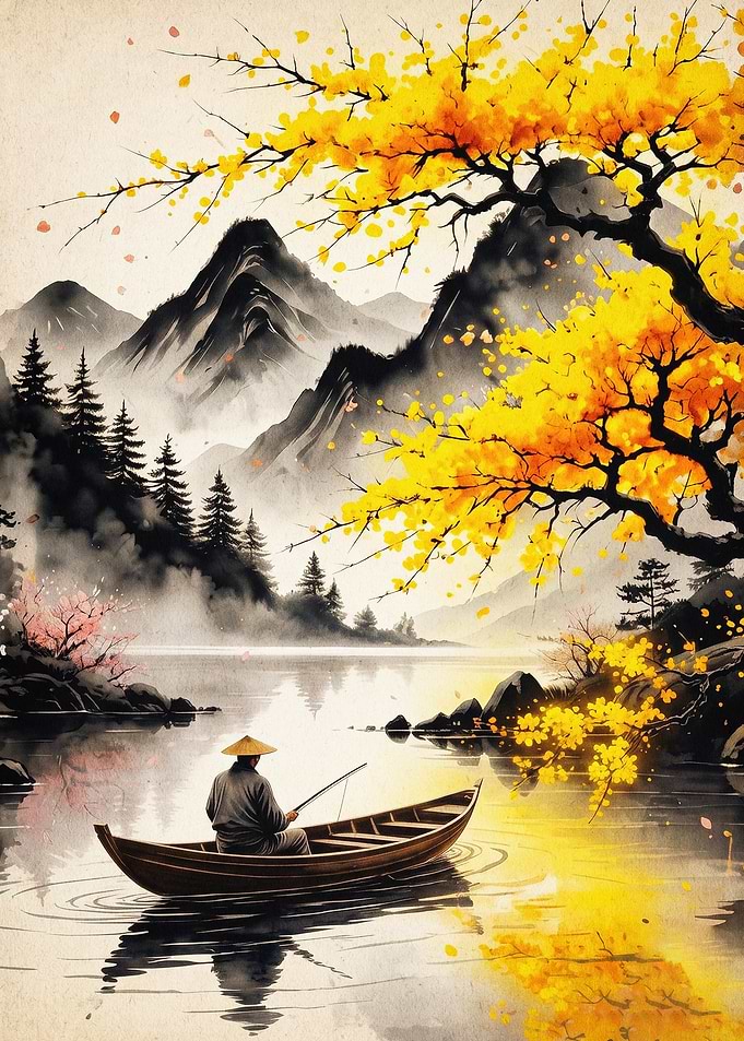 Asian River Fishing Watercolor Art