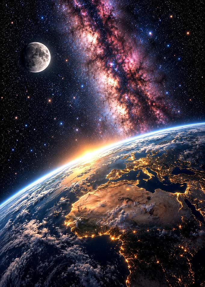 Earth from Space with Milky Way