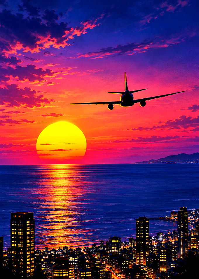 Airplane Flying Over City Sunset