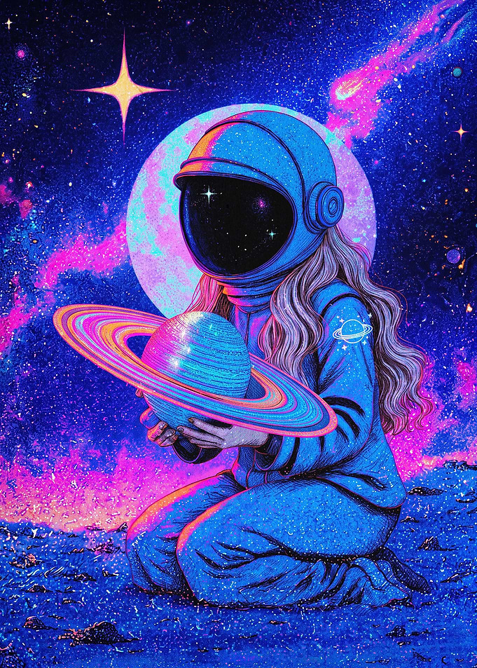 Cosmic Astronaut Saturn Retro Art