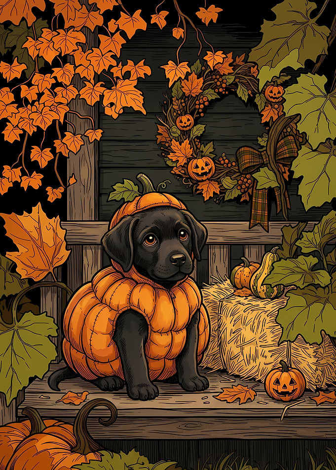 Black Labrador Puppy in Pumpkin Costume