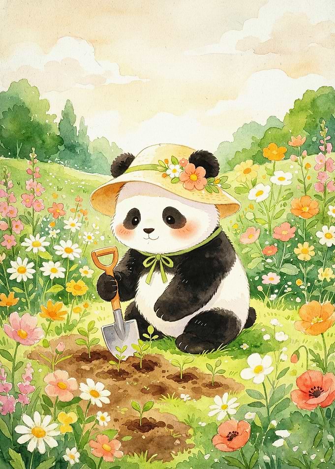 Panda Gardener Watercolor Art